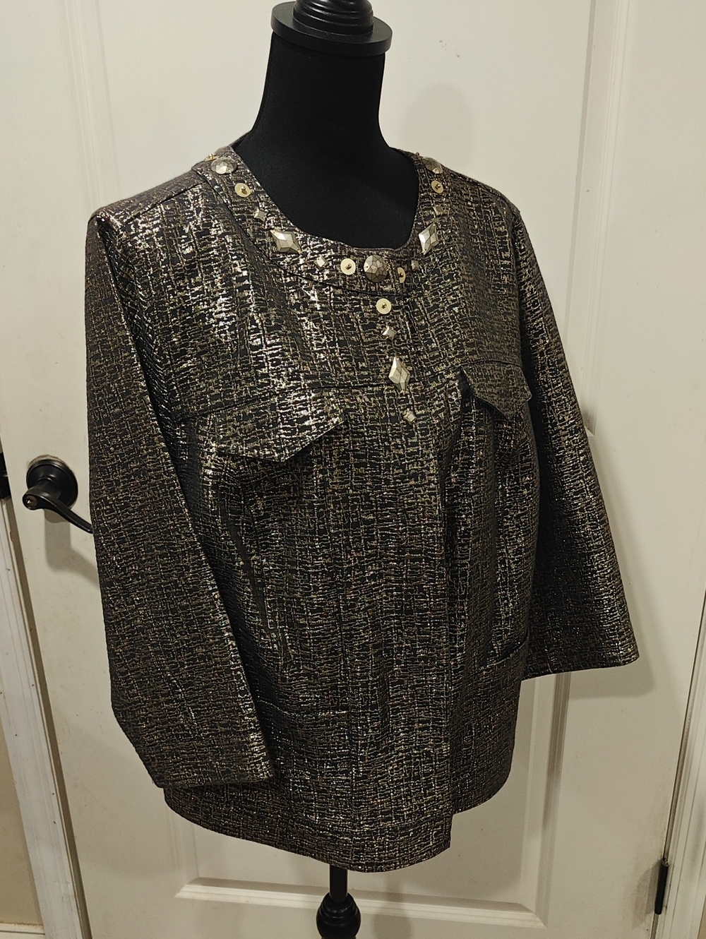 Ruby Rd. Metallic Tweed Embellished Blazer Jacket - Black & Gold Office Church